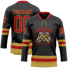 Load image into Gallery viewer, Custom Black Red-Old Gold Hockey Lace Neck Jersey