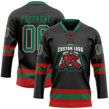 Load image into Gallery viewer, Custom Black Kelly Green-Red Hockey Lace Neck Jersey