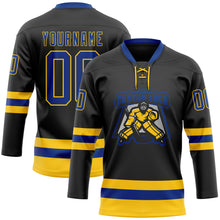 Load image into Gallery viewer, Custom Black Royal-Yellow Hockey Lace Neck Jersey