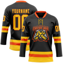 Load image into Gallery viewer, Custom Black Yellow-Orange Hockey Lace Neck Jersey
