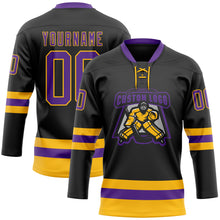 Load image into Gallery viewer, Custom Black Purple-Gold Hockey Lace Neck Jersey