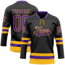 Load image into Gallery viewer, Custom Black Purple-Gold Hockey Lace Neck Jersey