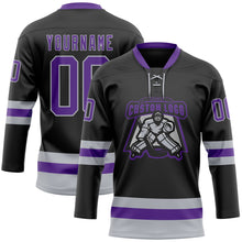 Load image into Gallery viewer, Custom Black Purple-Gray Hockey Lace Neck Jersey