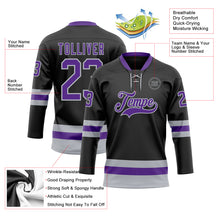 Load image into Gallery viewer, Custom Black Purple-Gray Hockey Lace Neck Jersey