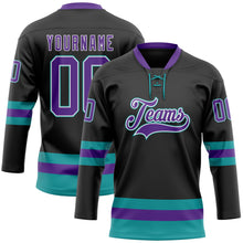 Load image into Gallery viewer, Custom Black Purple-Teal Hockey Lace Neck Jersey
