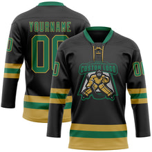 Load image into Gallery viewer, Custom Black Kelly Green-Old Gold Hockey Lace Neck Jersey