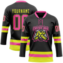 Load image into Gallery viewer, Custom Black Pink-Neon Yellow Hockey Lace Neck Jersey
