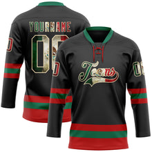 Load image into Gallery viewer, Custom Black Vintage Mexican Flag Cream Red-Kelly Green Hockey Lace Neck Jersey