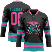 Load image into Gallery viewer, Custom Black Pink-Teal Hockey Lace Neck Jersey