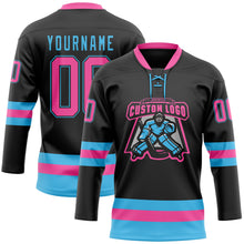 Load image into Gallery viewer, Custom Black Pink-Sky Blue Hockey Lace Neck Jersey