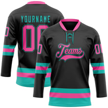 Load image into Gallery viewer, Custom Black Pink-Aqua Hockey Lace Neck Jersey