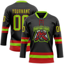 Load image into Gallery viewer, Custom Black Neon Green-Red Hockey Lace Neck Jersey