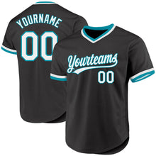 Load image into Gallery viewer, Custom Black White-Teal Authentic Throwback Baseball Jersey