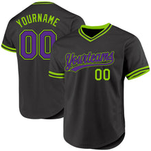 Load image into Gallery viewer, Custom Black Purple-Neon Green Authentic Throwback Baseball Jersey