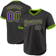 Load image into Gallery viewer, Custom Black Purple-Neon Green Authentic Throwback Baseball Jersey