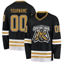 Load image into Gallery viewer, Custom Black Old Gold-White Hockey Jersey