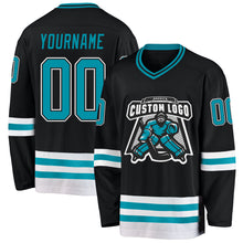 Load image into Gallery viewer, Custom Black Teal-White Hockey Jersey