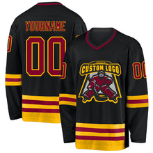 Load image into Gallery viewer, Custom Black Maroon-Gold Hockey Jersey