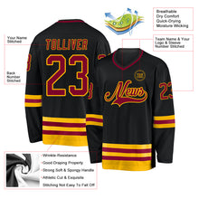 Load image into Gallery viewer, Custom Black Maroon-Gold Hockey Jersey