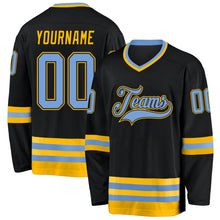 Load image into Gallery viewer, Custom Black Light Blue-Gold Hockey Jersey