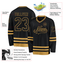 Load image into Gallery viewer, Custom Black Old Gold Hockey Jersey