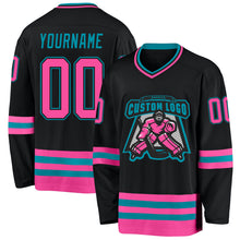 Load image into Gallery viewer, Custom Black Pink-Teal Hockey Jersey
