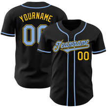 Load image into Gallery viewer, Custom Black Light Blue-Yellow Authentic Baseball Jersey