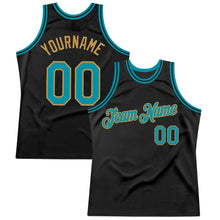 Load image into Gallery viewer, Custom Black Teal-Old Gold Authentic Throwback Basketball Jersey