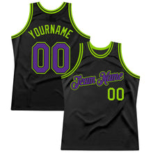 Load image into Gallery viewer, Custom Black Purple-Neon Green Authentic Throwback Basketball Jersey