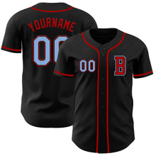 Load image into Gallery viewer, Custom Black Light Blue-Red Authentic Baseball Jersey