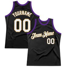 Load image into Gallery viewer, Custom Black Old Gold-Purple Authentic Throwback Basketball Jersey