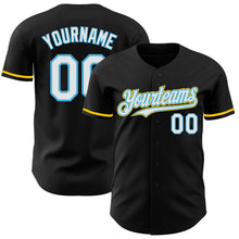 Load image into Gallery viewer, Custom Black White Sky Blue-Yellow Authentic Baseball Jersey