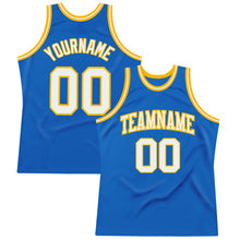 Load image into Gallery viewer, Custom Blue White-Gold Authentic Throwback Basketball Jersey