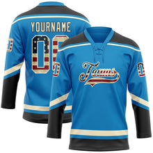 Load image into Gallery viewer, Custom Blue Vintage USA Flag Cream-Black Hockey Lace Neck Jersey