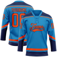 Load image into Gallery viewer, Custom Blue Orange-Navy Hockey Lace Neck Jersey