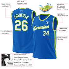 Load image into Gallery viewer, Custom Blue White-Neon Green Authentic Throwback Basketball Jersey