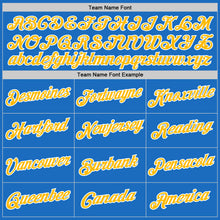 Load image into Gallery viewer, Custom Blue Gold-White Authentic Throwback Basketball Jersey