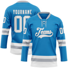 Load image into Gallery viewer, Custom Blue White-Gray Hockey Lace Neck Jersey