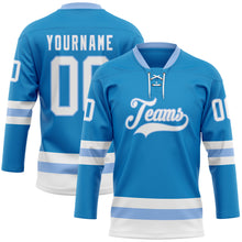 Load image into Gallery viewer, Custom Blue White-Light Blue Hockey Lace Neck Jersey