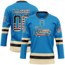 Load image into Gallery viewer, Custom Blue Vintage USA Flag Cream-Black Hockey Lace Neck Jersey