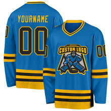 Load image into Gallery viewer, Custom Blue Black-Gold Hockey Jersey