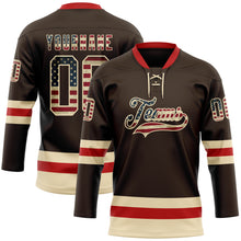 Load image into Gallery viewer, Custom Brown Vintage USA Flag Cream-Red Hockey Lace Neck Jersey