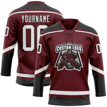 Load image into Gallery viewer, Custom Burgundy White-Black Hockey Lace Neck Jersey