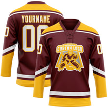 Load image into Gallery viewer, Custom Burgundy White-Gold Hockey Lace Neck Jersey