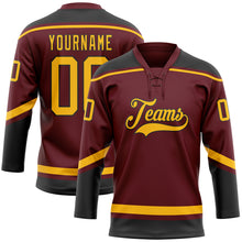 Load image into Gallery viewer, Custom Burgundy Gold-Black Hockey Lace Neck Jersey