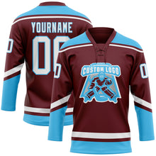 Load image into Gallery viewer, Custom Burgundy White-Sky Blue Hockey Lace Neck Jersey