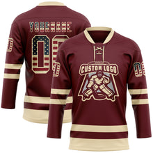 Load image into Gallery viewer, Custom Burgundy Vintage USA Flag-Cream Hockey Lace Neck Jersey