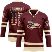 Load image into Gallery viewer, Custom Burgundy Vintage USA Flag-Cream Hockey Lace Neck Jersey