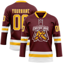 Load image into Gallery viewer, Custom Burgundy Gold-White Hockey Lace Neck Jersey