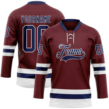 Load image into Gallery viewer, Custom Burgundy Navy-White Hockey Lace Neck Jersey